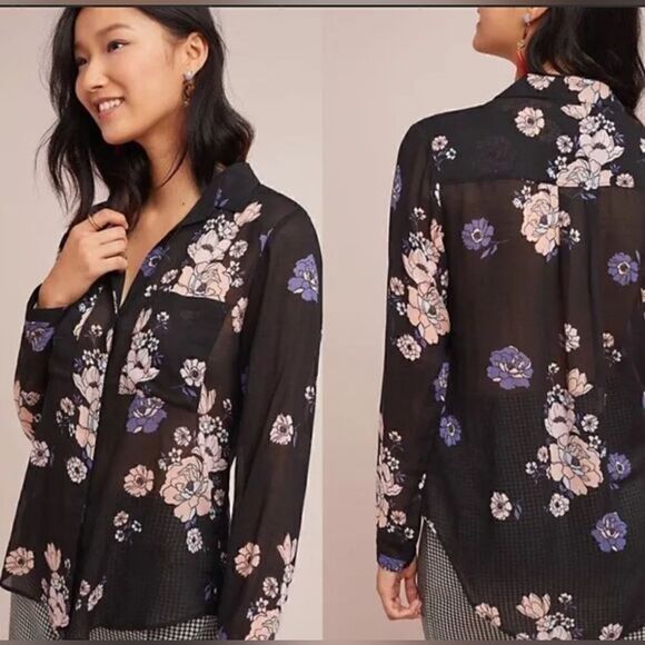 Cloth&Stone Anthropology, long sleeve, sheer, patterned, button down blouse - Picture 1 of 7